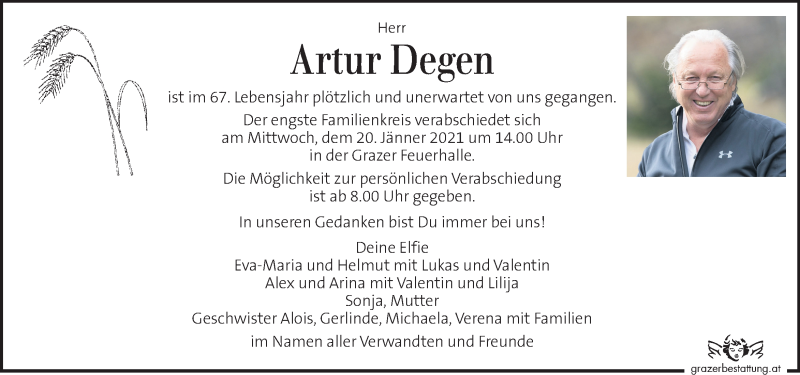  Traueranzeige für Artur Degen vom 15.01.2021 aus Kleine Zeitung