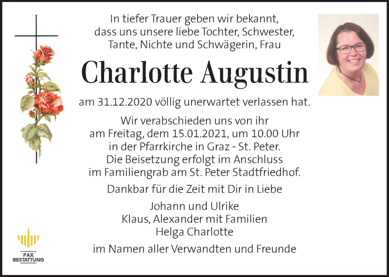  Traueranzeige für Charlotte Augustin vom 13.01.2021 aus Kleine Zeitung