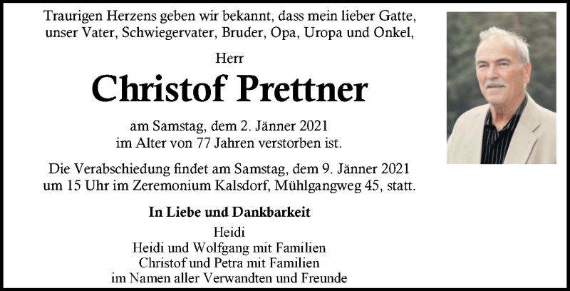  Traueranzeige für Christof Prettner vom 06.01.2021 aus Kleine Zeitung
