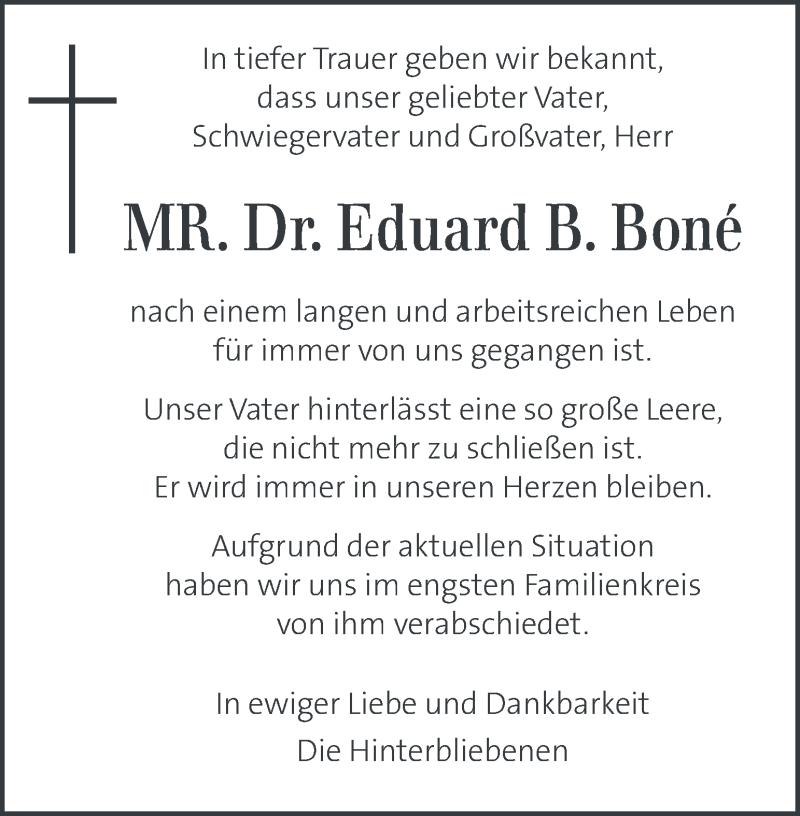  Traueranzeige für Eduard B. Boné vom 24.01.2021 aus Kleine Zeitung