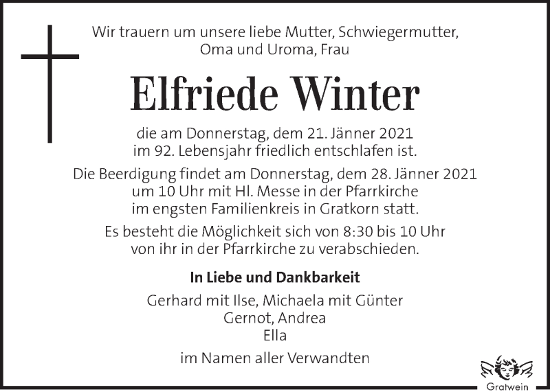  Traueranzeige für Elfriede Winter vom 26.01.2021 aus Kleine Zeitung