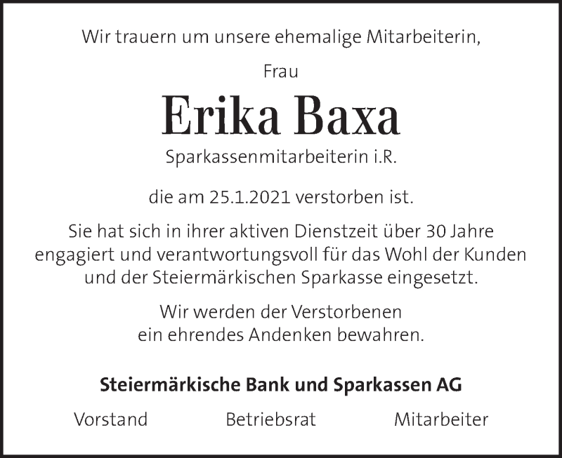  Traueranzeige für Erika Baxa vom 30.01.2021 aus Kleine Zeitung