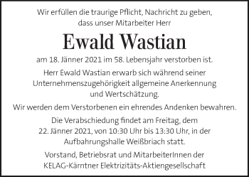 Traueranzeige von Ewald Wastian von Kleine Zeitung