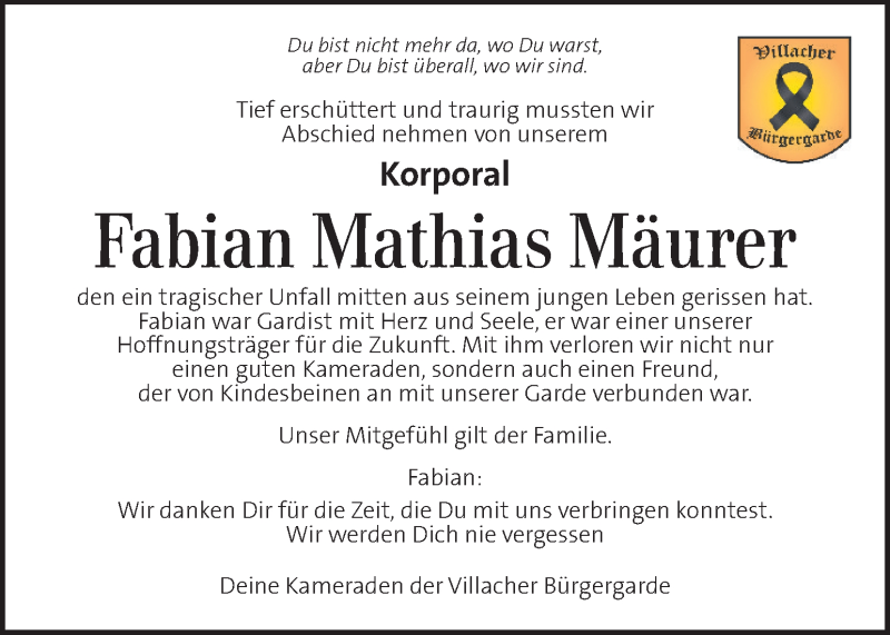  Traueranzeige für Fabian Mathias Mäurer vom 31.01.2021 aus Kleine Zeitung