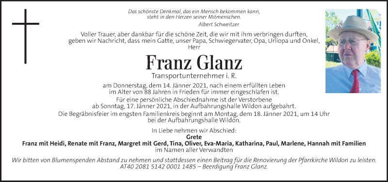  Traueranzeige für Franz Glanz vom 16.01.2021 aus Kleine Zeitung