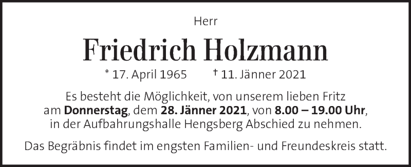  Traueranzeige für Friedrich Holzmann vom 27.01.2021 aus Kleine Zeitung