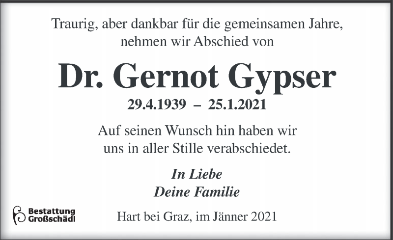  Traueranzeige für Gernot Gypser vom 31.01.2021 aus Kleine Zeitung