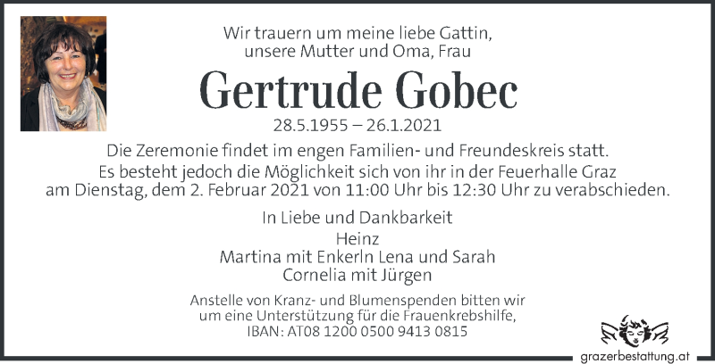  Traueranzeige für Gertrude Gobec vom 30.01.2021 aus Kleine Zeitung