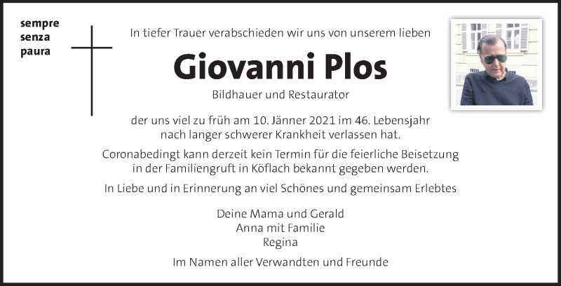  Traueranzeige für Giovanni Plos vom 15.01.2021 aus Kleine Zeitung