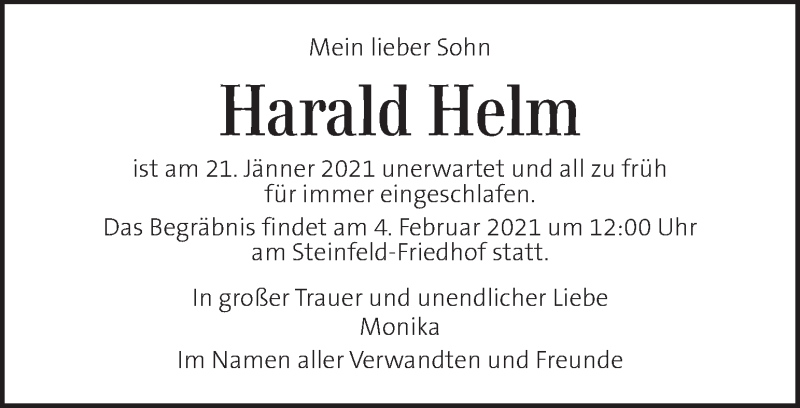  Traueranzeige für Harald Helm vom 29.01.2021 aus Kleine Zeitung