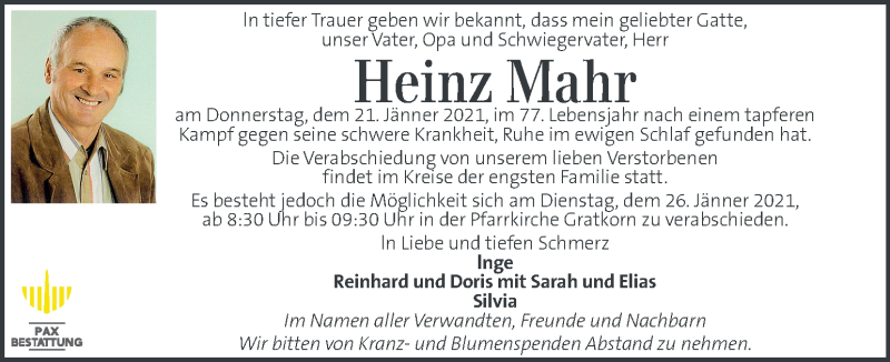  Traueranzeige für Heinz Mahr vom 26.01.2021 aus Kleine Zeitung