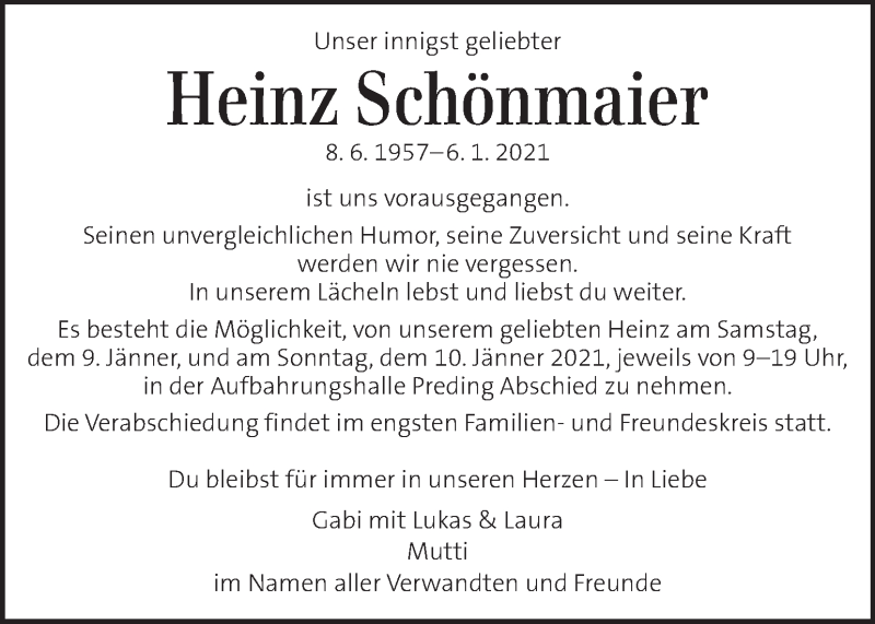  Traueranzeige für Heinz Schönmaier vom 09.01.2021 aus Kleine Zeitung