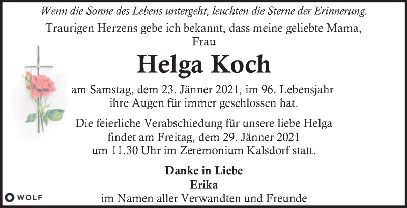  Traueranzeige für Helga Koch vom 27.01.2021 aus Kleine Zeitung