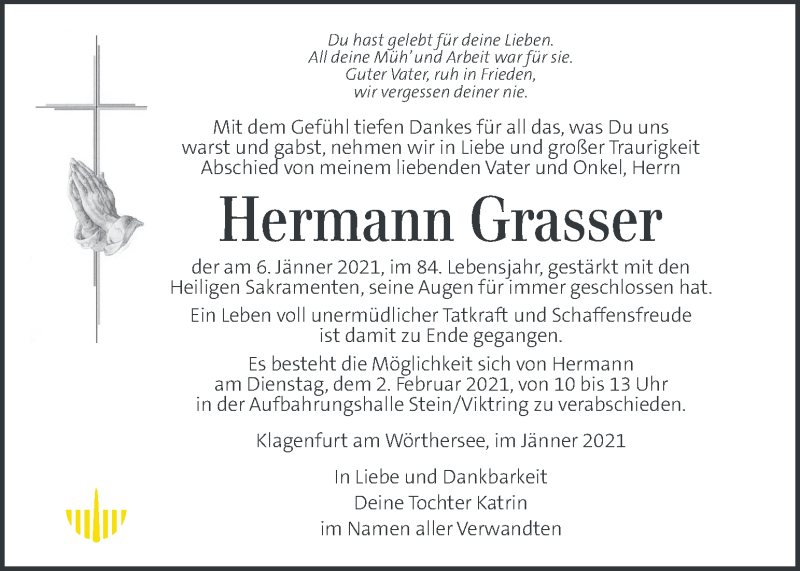  Traueranzeige für Hermann Grasser vom 26.01.2021 aus Kleine Zeitung