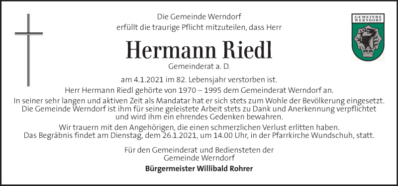  Traueranzeige für Hermann Riedl  vom 23.01.2021 aus Kleine Zeitung