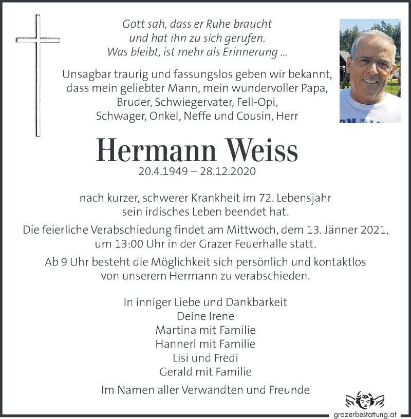  Traueranzeige für Hermann Weiss vom 10.01.2021 aus Kleine Zeitung