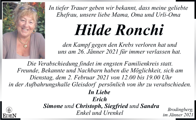  Traueranzeige für Hilde Ronchi vom 31.01.2021 aus Kleine Zeitung