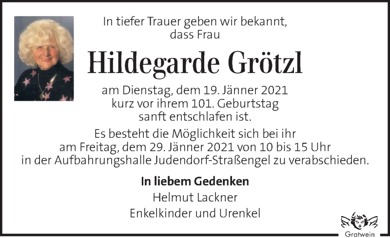 Traueranzeige für Hildegarde Grötzl vom 24.01.2021 aus Kleine Zeitung