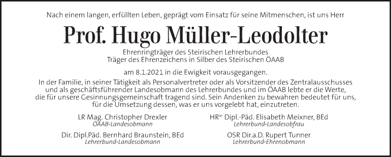  Traueranzeige für Hugo Müller-Leodolter vom 14.01.2021 aus Kleine Zeitung