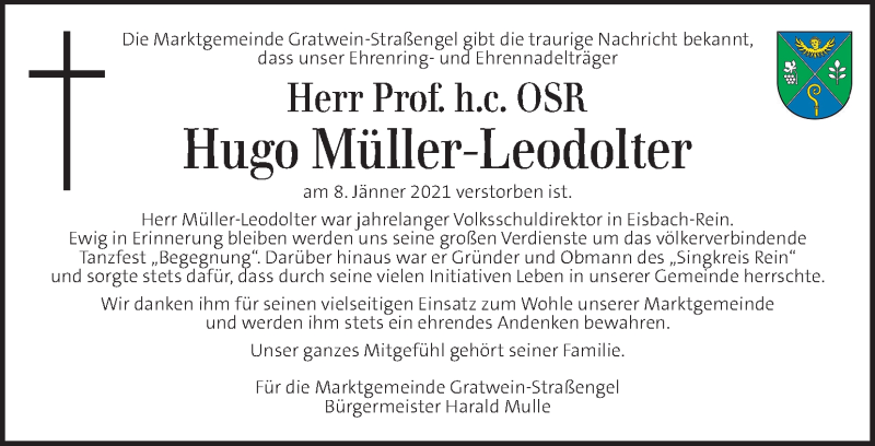  Traueranzeige für Hugo Müller-Leodolter vom 15.01.2021 aus Kleine Zeitung
