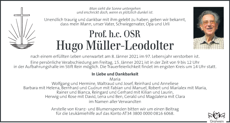  Traueranzeige für Hugo Müller-Leodolter vom 13.01.2021 aus Kleine Zeitung