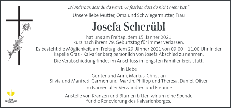  Traueranzeige für Josefa Scherübl vom 24.01.2021 aus Kleine Zeitung