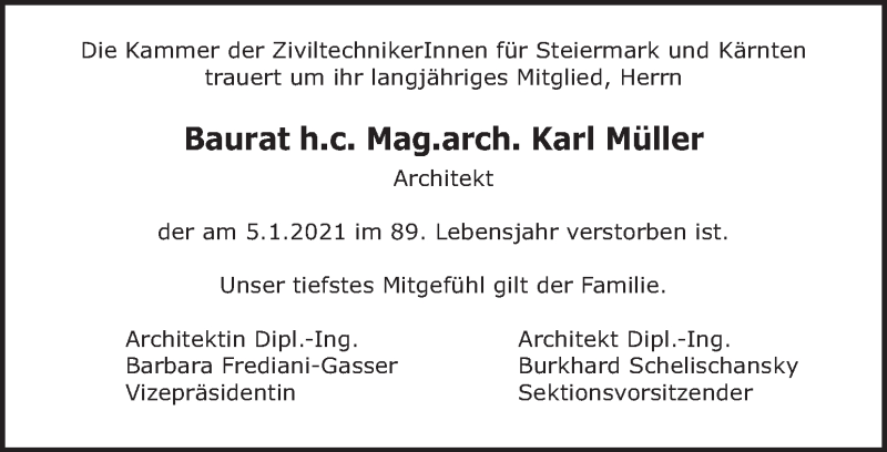  Traueranzeige für Karl Müller vom 10.01.2021 aus Kleine Zeitung