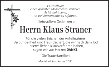Traueranzeige von Klaus Straner von Kleine Zeitung