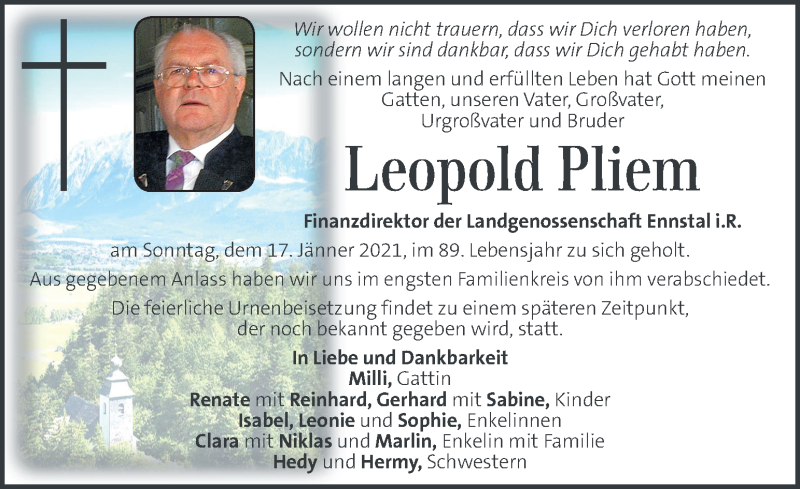  Traueranzeige für Leopold Pliem vom 26.01.2021 aus Kleine Zeitung