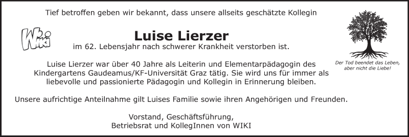  Traueranzeige für Luise Lierzer vom 17.01.2021 aus Kleine Zeitung