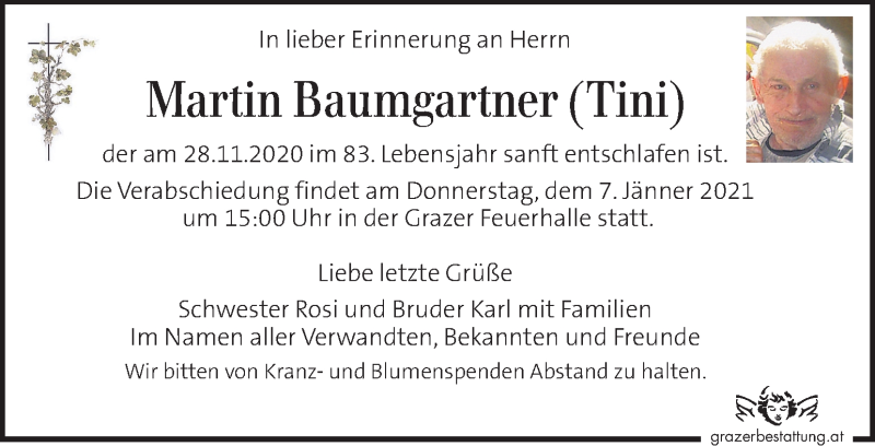  Traueranzeige für Martin Baumgartner  vom 06.01.2021 aus Kleine Zeitung