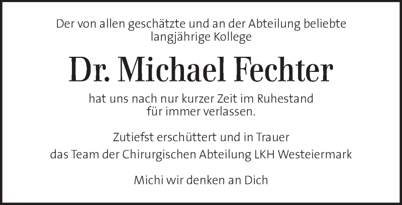  Traueranzeige für Michael Fechter vom 22.01.2021 aus Kleine Zeitung