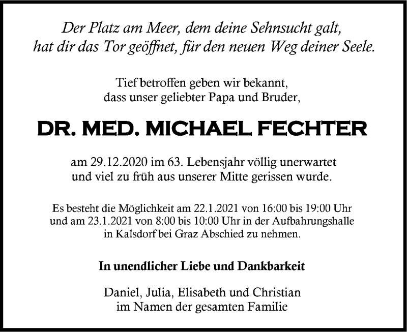  Traueranzeige für Michael Fechter vom 20.01.2021 aus Kleine Zeitung