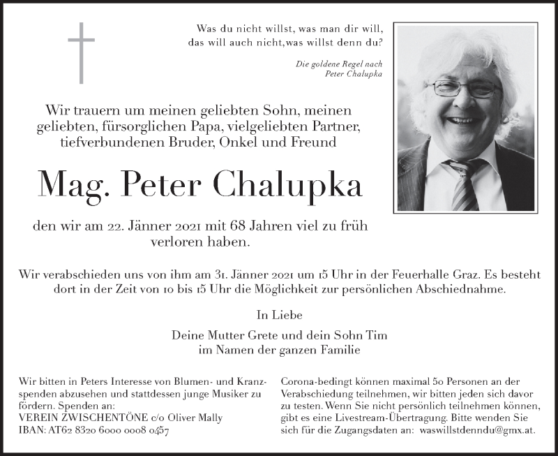  Traueranzeige für Peter Chalupka  vom 29.01.2021 aus Kleine Zeitung