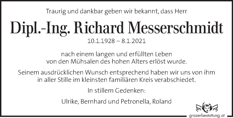  Traueranzeige für Richard Messerschmidt vom 16.01.2021 aus Kleine Zeitung