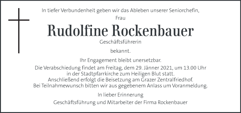  Traueranzeige für Rudolfine Rockenbauer vom 28.01.2021 aus Kleine Zeitung