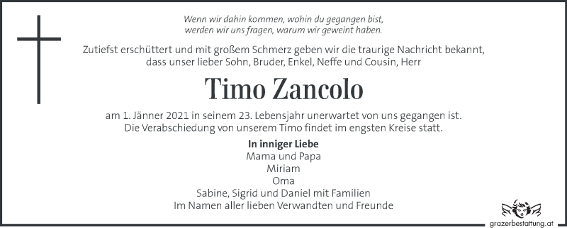  Traueranzeige für Timo Zancolo vom 17.01.2021 aus Kleine Zeitung