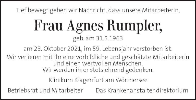  Traueranzeige für Agnes Rumpler vom 30.10.2021 aus Kleine Zeitung