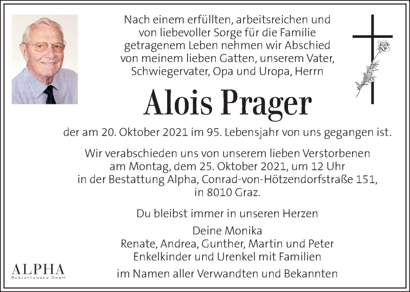  Traueranzeige für Alois Prager vom 22.10.2021 aus Kleine Zeitung