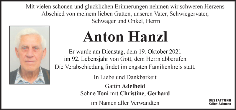  Traueranzeige für Anton Hanzl vom 24.10.2021 aus Kleine Zeitung