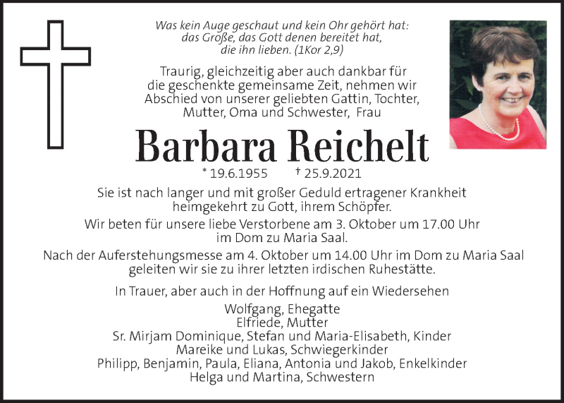  Traueranzeige für Barbara  Reichelt vom 02.10.2021 aus Kleine Zeitung