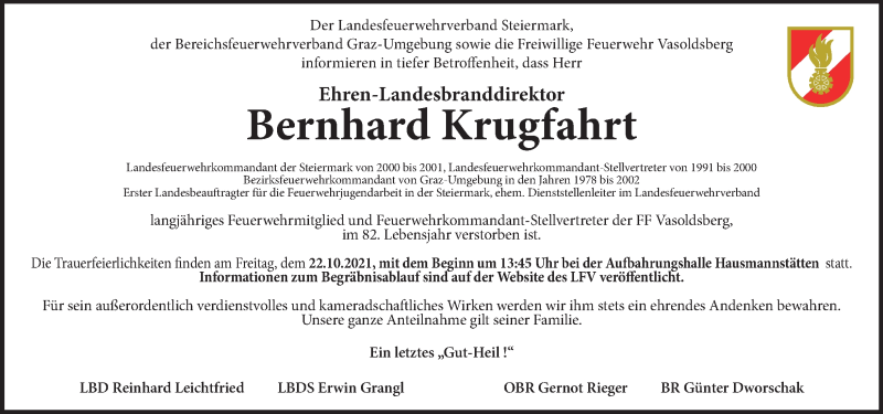  Traueranzeige für Bernhard Krugfahrt vom 19.10.2021 aus Kleine Zeitung