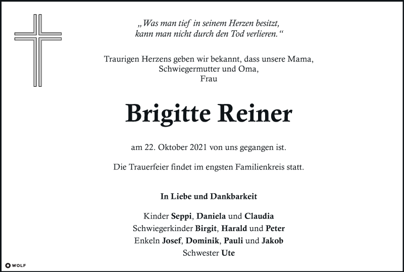  Traueranzeige für Brigitte Reiner vom 28.10.2021 aus Kleine Zeitung