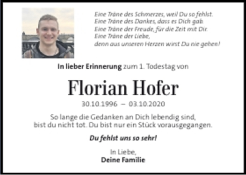  Traueranzeige für Florian Hofer vom 03.10.2021 aus KLEINE ZEITUNG