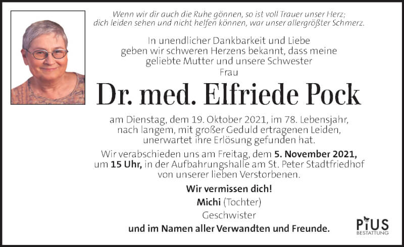  Traueranzeige für Elfriede Pock vom 30.10.2021 aus Kleine Zeitung
