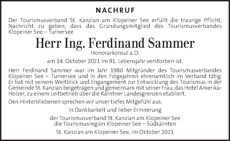  Traueranzeige für Ferdinand Sammer vom 23.10.2021 aus Kleine Zeitung