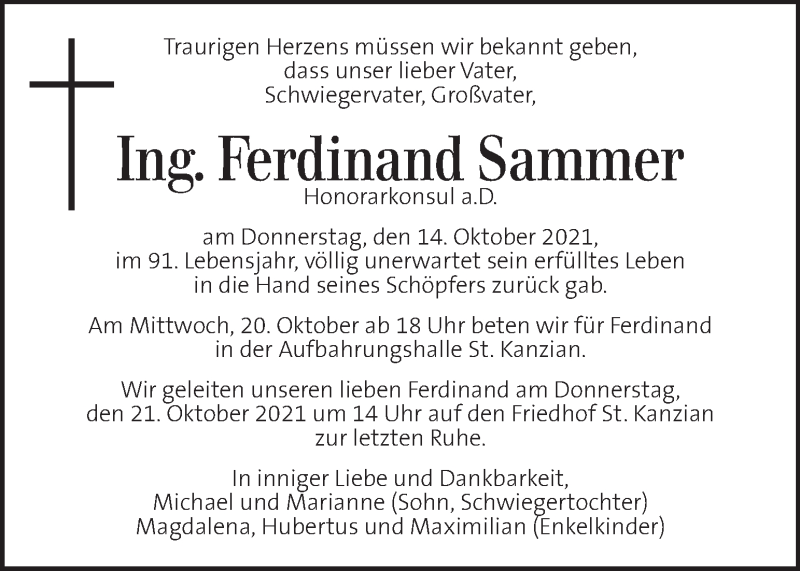  Traueranzeige für Ferdinand Sammer vom 19.10.2021 aus Kleine Zeitung