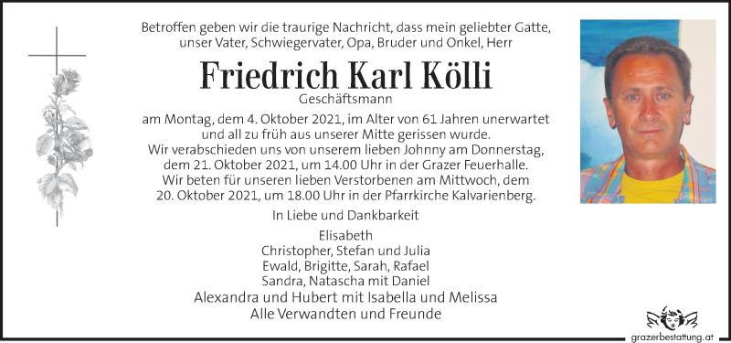  Traueranzeige für Friedrich Karl Kölli vom 15.10.2021 aus Kleine Zeitung
