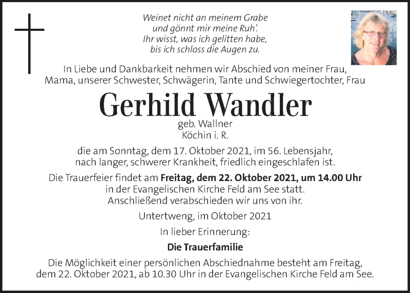  Traueranzeige für Gerhild Wandler vom 21.10.2021 aus Kleine Zeitung