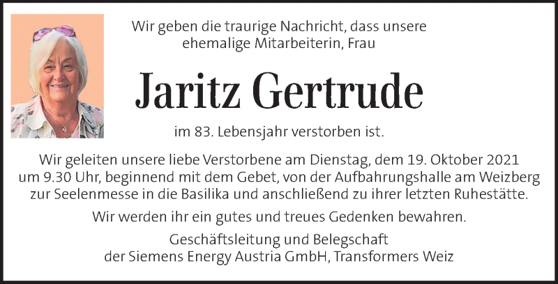  Traueranzeige für Gertrude Jaritz  vom 19.10.2021 aus Kleine Zeitung